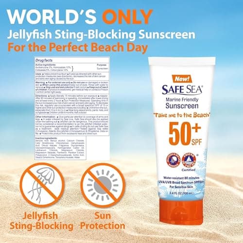 SAFE SEA Anti-Jellyfish Sting Protection Sunscreen, 50SPF for Adults (2 Pack, 3.4 oz Tube)
