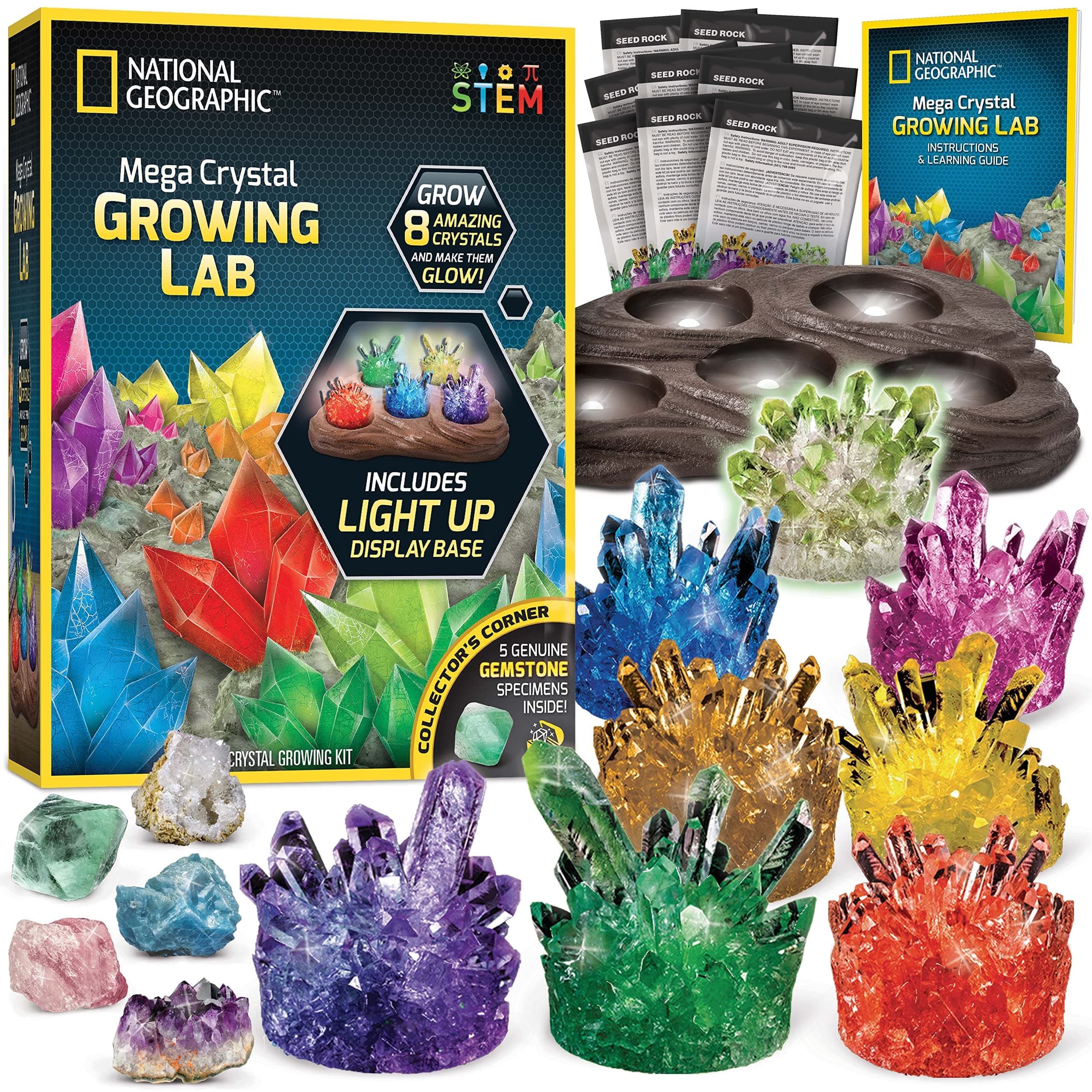 NATIONAL GEOGRAPHIC Mega Crystal Growing Kit, Grow 8 Crystals with Light-Up Stand